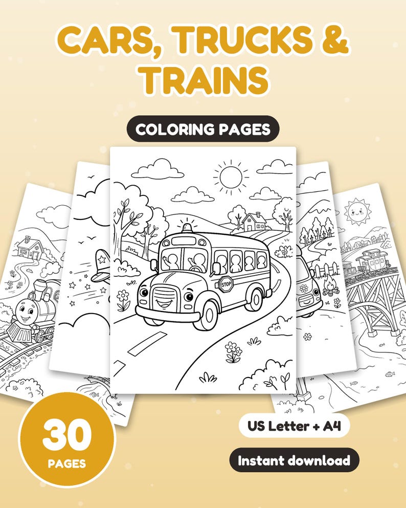 K&ouml;nnte beinhalten: Eine Sammlung von 30 Ausmalbildern mit dem Titel CARS, TRUCKS & TRAINS. Die Seiten zeigen schwarz-wei&szlig;e Strichzeichnungen eines Schulbusses, eines Zuges auf einer Br&uuml;cke und verschiedener Landschaften. Der Text enth&auml;lt US Letter + A4.