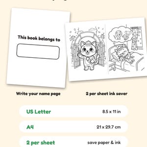 Peut inclure: Un ensemble de pages de coloriage num&eacute;riques comprenant une page de nom avec le texte This book belongs to et une page &eacute;conomiseur d'encre 2 par feuille avec un chat. Inclut les formats US Letter 8.5 x 11 in et A4 21 x 29.7 cm.
