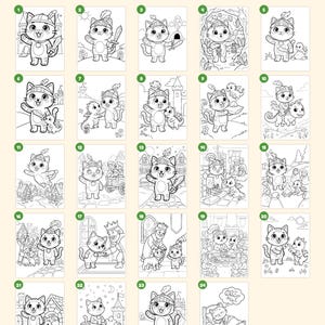Puede incluir: Una colecci&oacute;n de 24 p&aacute;ginas para colorear en blanco y negro con un gato caballero de dibujos animados en varias escenas de fantas&iacute;a con dragones y castillos. El texto "Everything you get: 24 pages" est&aacute; en la parte superior y "+ cover &middot; "This book belongs to" page &middot; closing page" en la parte inferior.