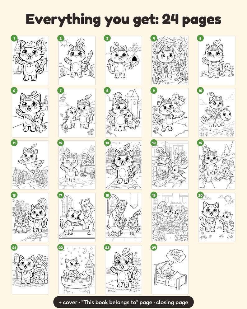 Puede incluir: Una colecci&oacute;n de 24 p&aacute;ginas para colorear en blanco y negro con un gato caballero de dibujos animados en varias escenas de fantas&iacute;a con dragones y castillos. El texto "Everything you get: 24 pages" est&aacute; en la parte superior y "+ cover &middot; "This book belongs to" page &middot; closing page" en la parte inferior.