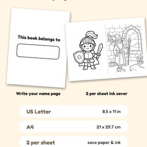 Peut inclure: Un ensemble de pages de coloriage num&eacute;riques comprenant une page 'This book belongs to' et une mise en page '2 per sheet ink saver' avec un chevalier et un magicien. Texte : 'Bonus pages & formats', 'US Letter 8.5 x 11 in', 'A4 21 x 29.7 cm', '2 per sheet save paper & ink'.