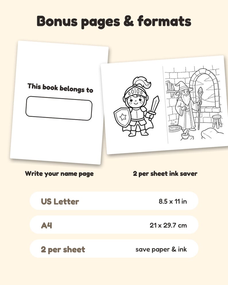 Peut inclure: Un ensemble de pages de coloriage num&eacute;riques comprenant une page 'This book belongs to' et une mise en page '2 per sheet ink saver' avec un chevalier et un magicien. Texte : 'Bonus pages & formats', 'US Letter 8.5 x 11 in', 'A4 21 x 29.7 cm', '2 per sheet save paper & ink'.