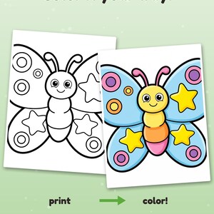 Puede incluir: Una p&aacute;gina para colorear con una mariposa con patrones de estrellas y c&iacute;rculos. El texto dice Color it your way! print color! Example colored with AI, for inspiration (pages come in black & white). La mariposa tiene una cara sonriente.