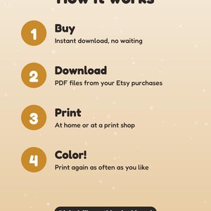 May include: An instructional graphic titled How it works with four numbered steps in gold circles: 1 Buy, 2 Download PDF files, 3 Print at home or a shop, and 4 Color. A black button at the bottom states Digital file: nothing is shipped.