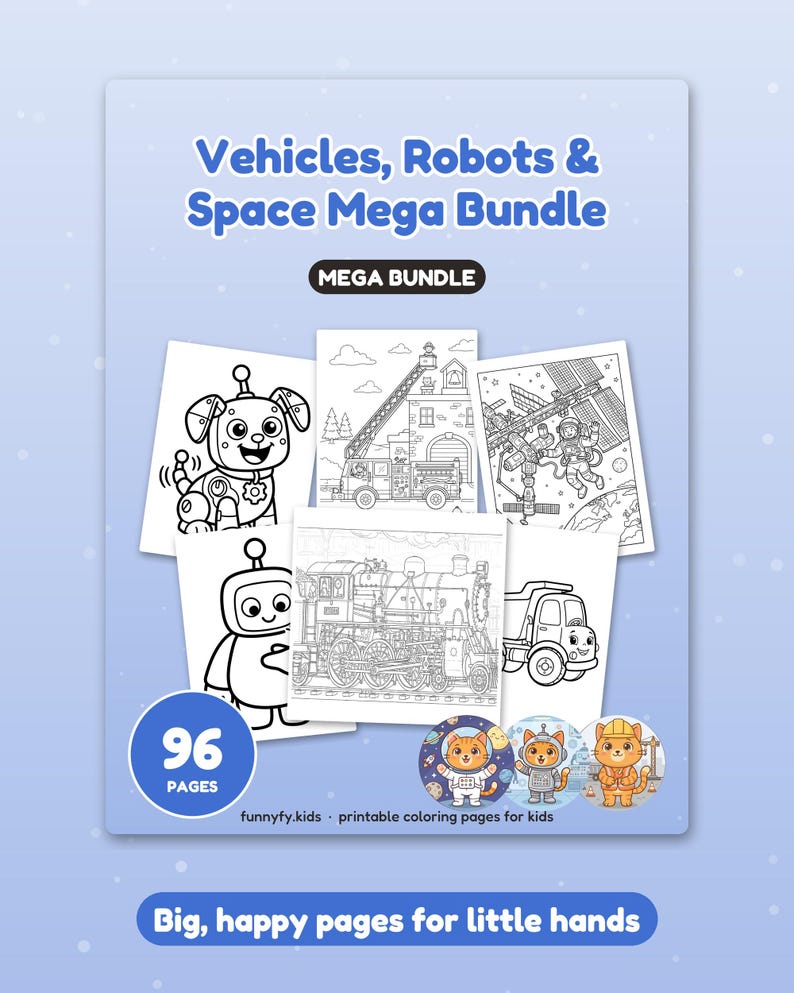 Op de afbeelding: Een digitaal kleurboekpakket getiteld Vehicles, Robots & Space Mega Bundle. De omslag bevat zwart-wit lijntekeningen van een robot, een brandweerwagen, een ruimtestation, een trein en een vrachtwagen. Het bevat in totaal 96 pagina's.