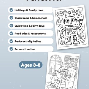 Puede incluir: Un conjunto de p&aacute;ginas para colorear con dos ilustraciones en blanco y negro de robots. Una muestra un robot saludando con engranajes y estrellas, la otra un robot leyendo un libro en un sill&oacute;n. Texto: "Perfect for", actividades y "Ages 3-8".