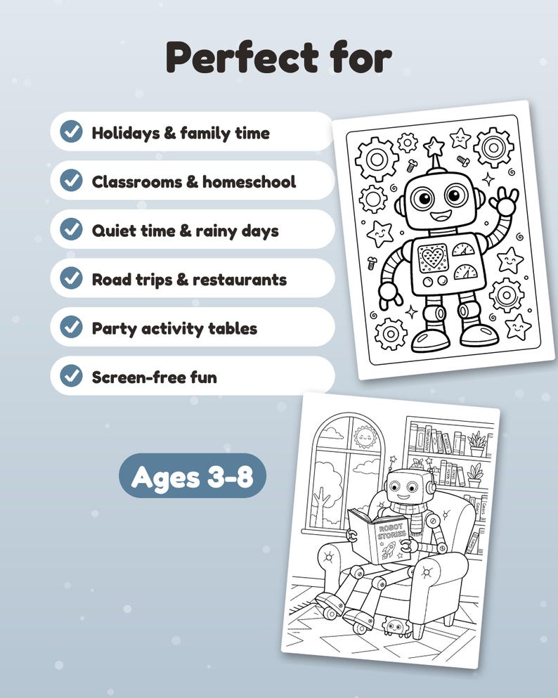 Puede incluir: Un conjunto de p&aacute;ginas para colorear con dos ilustraciones en blanco y negro de robots. Una muestra un robot saludando con engranajes y estrellas, la otra un robot leyendo un libro en un sill&oacute;n. Texto: "Perfect for", actividades y "Ages 3-8".