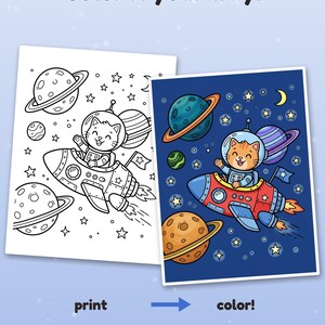 Op de afbeelding: Twee kleurplaten met een kat in een ruimtepak die een raket door de ruimte bestuurt, omringd door planeten en sterren. De tekst luidt Color it your way! print color! Example colored with AI, for inspiration (pages come in black & white).