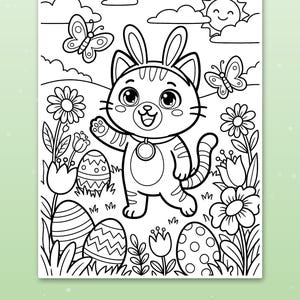 May include: A black and white coloring page featuring a cartoon cat wearing bunny ears in a garden. The scene includes decorated Easter eggs, flowers, butterflies, clouds, and a smiling sun. The illustration is composed of thick, bold lines.