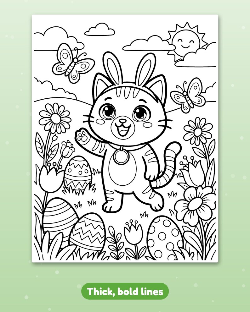 May include: A black and white coloring page featuring a cartoon cat wearing bunny ears in a garden. The scene includes decorated Easter eggs, flowers, butterflies, clouds, and a smiling sun. The illustration is composed of thick, bold lines.