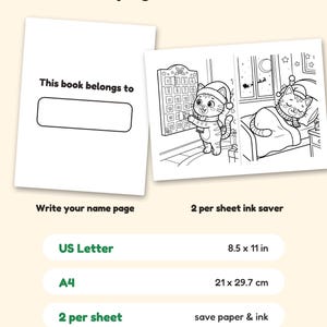 May include: A coloring book page set featuring a 'This book belongs to' name page and a 2 per sheet ink saver page with a cat wearing a Santa hat and a sleeping cat. Text includes 'Bonus pages & formats', 'US Letter 8.5 x 11 in', 'A4 21 x 29.7 cm'.