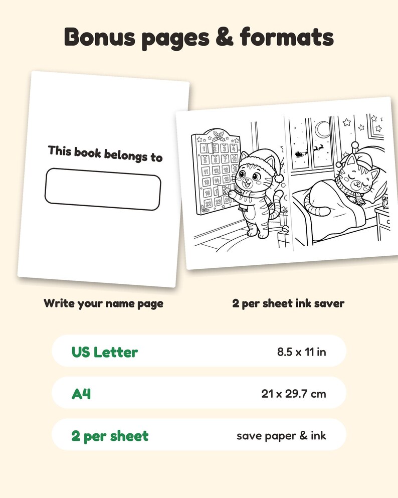 May include: A coloring book page set featuring a 'This book belongs to' name page and a 2 per sheet ink saver page with a cat wearing a Santa hat and a sleeping cat. Text includes 'Bonus pages & formats', 'US Letter 8.5 x 11 in', 'A4 21 x 29.7 cm'.