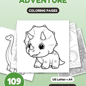 以下が含まれることがあります： 109枚のAdventure Coloring Pagesのデジタルコレクション。恐竜やその他のシーンの白黒線画が含まれています。ADVENTURE COLORING PAGES、109 PAGES、US Letter + A4、Instant downloadというテキストがはっきりと表示されています。
