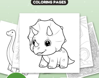 Op de afbeelding: Een digitale collectie van 109 Adventure Coloring Pages met zwart-witte lijntekeningen van dinosaurussen en andere scènes. De tekst ADVENTURE COLORING PAGES, 109 PAGES, US Letter + A4 en Instant download is zichtbaar.