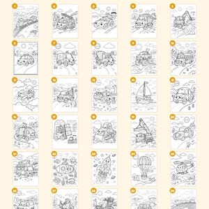 K&ouml;nnte beinhalten: Eine Sammlung von 30 Schwarz-Wei&szlig;-Malvorlagen mit verschiedenen Fahrzeugen wie Z&uuml;gen, Autos, Lastwagen, Flugzeugen und einem U-Boot. Der Text "Everything you get: 30 pages" und "+ cover 'This book belongs to' page closing page" ist sichtbar.