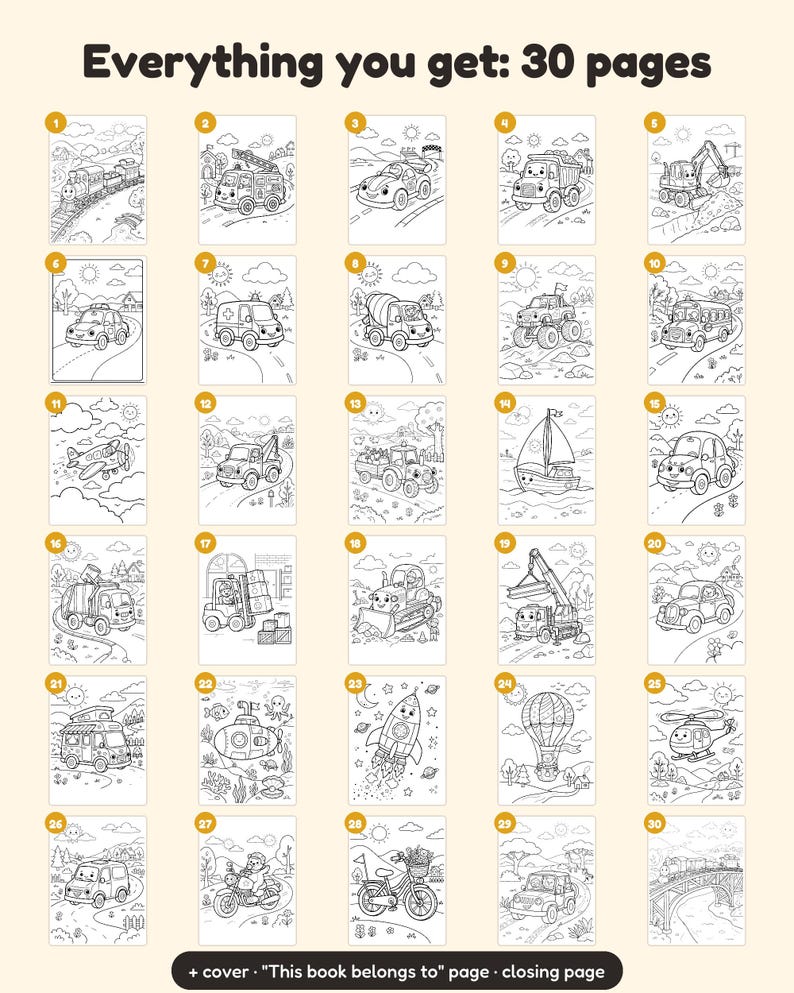 K&ouml;nnte beinhalten: Eine Sammlung von 30 Schwarz-Wei&szlig;-Malvorlagen mit verschiedenen Fahrzeugen wie Z&uuml;gen, Autos, Lastwagen, Flugzeugen und einem U-Boot. Der Text "Everything you get: 30 pages" und "+ cover 'This book belongs to' page closing page" ist sichtbar.