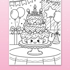 May include: A black and white coloring page featuring a three-tiered birthday cake with a smiling face, topped with a candle and the text Happy Birthday. The cake is decorated with cherries, sprinkles, and small ice cream cones.