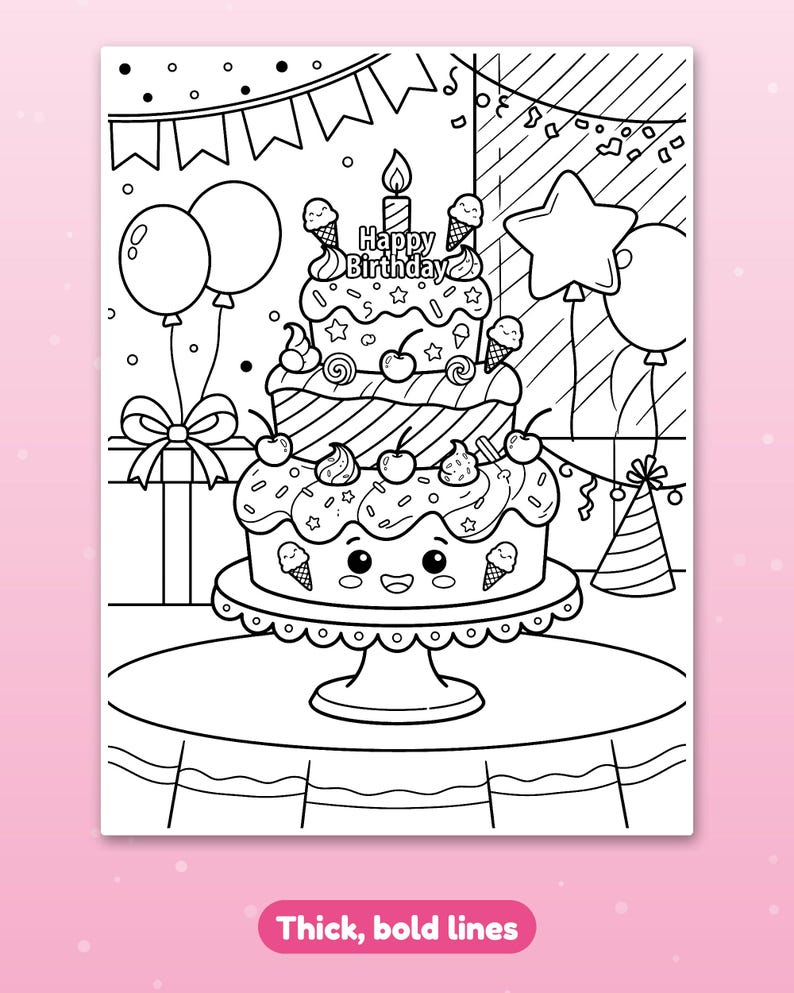 May include: A black and white coloring page featuring a three-tiered birthday cake with a smiling face, topped with a candle and the text Happy Birthday. The cake is decorated with cherries, sprinkles, and small ice cream cones.