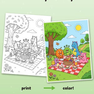 May include: A printable colouring page featuring a black and white line art scene of monsters having a picnic, alongside a full-colour version of the same scene. The text reads Colour it your way! print colour! Example coloured with AI.