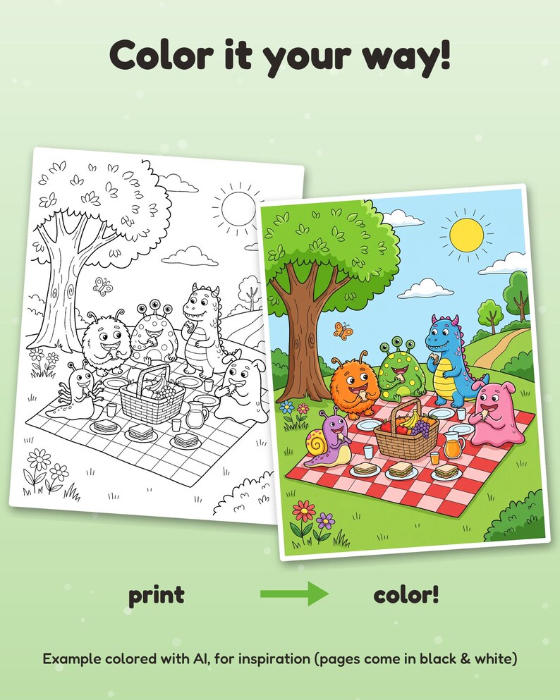 May include: A printable colouring page featuring a black and white line art scene of monsters having a picnic, alongside a full-colour version of the same scene. The text reads Colour it your way! print colour! Example coloured with AI.