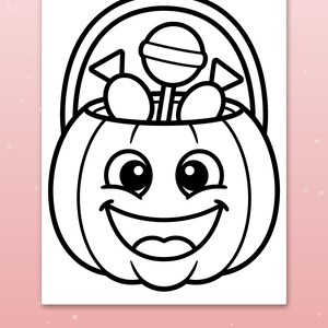 May include: A black and white coloring page featuring a smiling jack-o'-lantern pumpkin bucket with a handle. The bucket is filled with various candies, including a round lollipop and two wrapped sweets, all outlined with thick, bold lines.