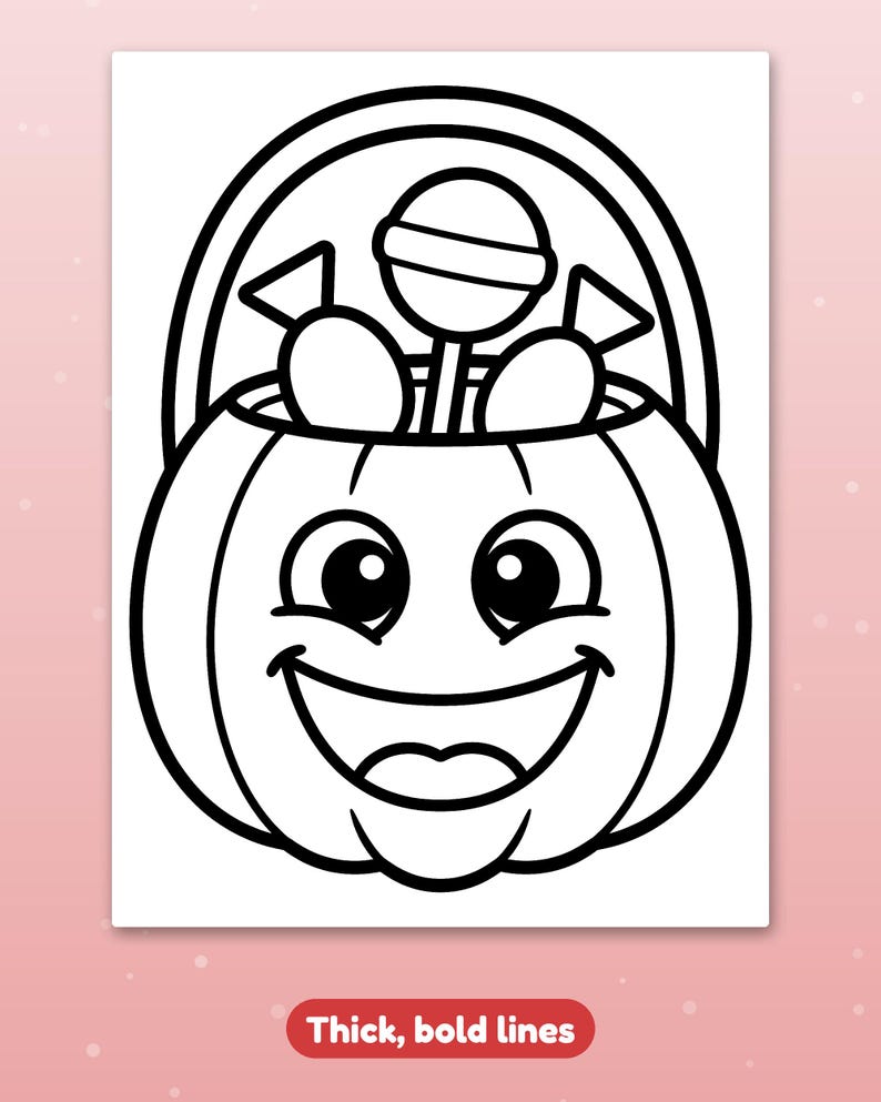 May include: A black and white coloring page featuring a smiling jack-o'-lantern pumpkin bucket with a handle. The bucket is filled with various candies, including a round lollipop and two wrapped sweets, all outlined with thick, bold lines.