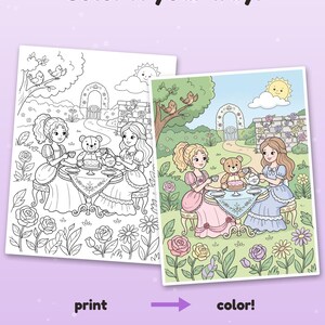 May include: A printable coloring page featuring two figures and a teddy bear having a tea party in a garden with flowers, trees, and an arched gate. The text reads Color it your way! print color! Example colored with AI, for inspiration.