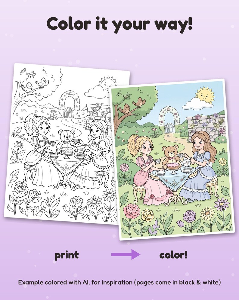 May include: A printable coloring page featuring two figures and a teddy bear having a tea party in a garden with flowers, trees, and an arched gate. The text reads Color it your way! print color! Example colored with AI, for inspiration.