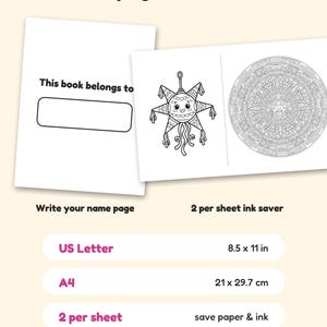 Puede incluir: P&aacute;ginas de libro para colorear con una etiqueta 'This book belongs to', una ilustraci&oacute;n de pi&ntilde;ata y un dise&ntilde;o de calendario azteca circular. Los formatos incluyen US Letter 8.5 x 11 pulgadas, A4 21 x 29.7 cm y 2 por hoja.