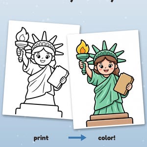Może przedstawiać: Kolorowanka z rysunkową Statuą Wolności i tekstem Color it your way! print color! Przykład pokolorowany przez AI, dla inspiracji (strony są czarno-białe). Jeden arkusz jest czarno-biały, a drugi jest pokolorowany.