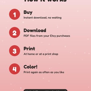 May include: A pink informational graphic titled How it works with four numbered red circles. The steps are: 1 Buy, instant download, no waiting; 2 Download, PDF files from your Etsy purchases; 3 Print, at home or at a print shop; 4 Color!, print again as often as you like. Includes a digital file notice.