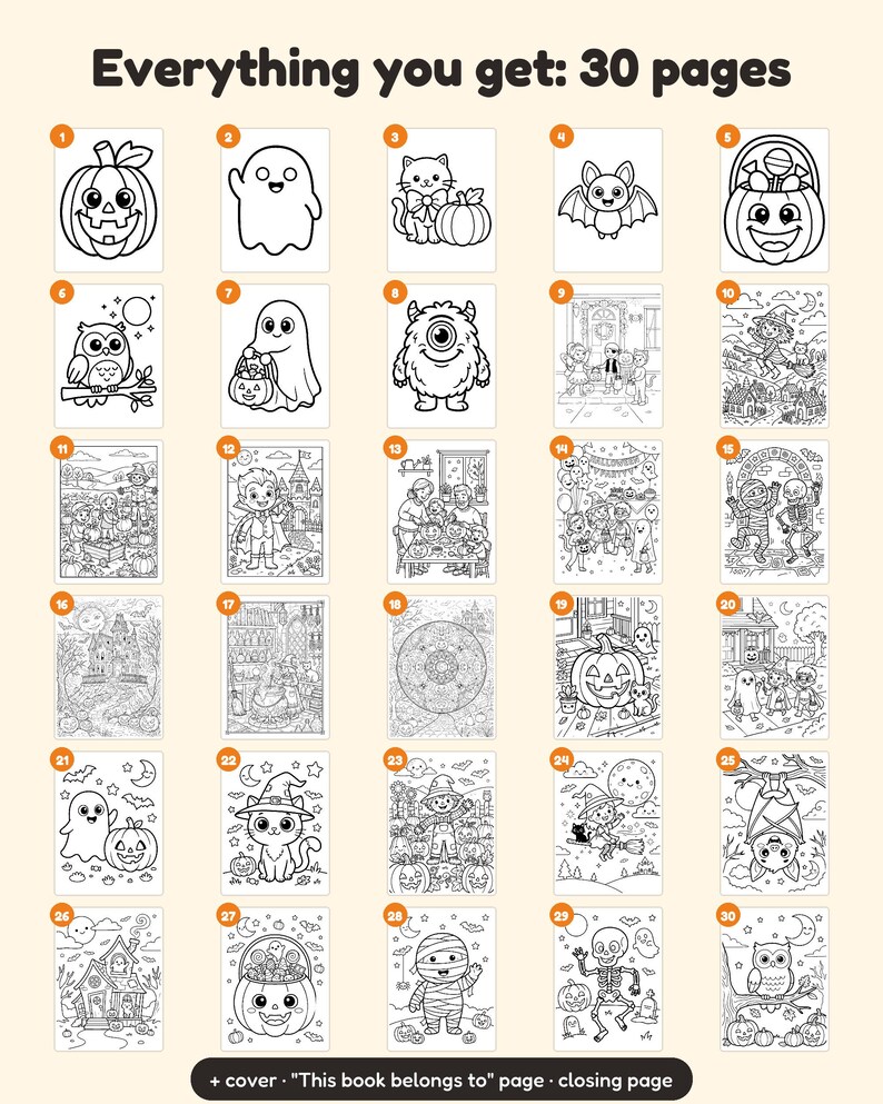 30 pagine da colorare di Halloween per bambini, libro da colorare di Halloween, zucca, fantasma, strega, pipistrello carino, PDF stampabile, download immediato immagine 4
