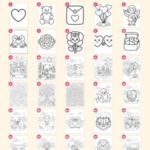 May include: A collection of 30 black and white coloring pages featuring various illustrations including hearts, animals, flowers, and scenes with the text Everything you get: 30 pages and + cover This book belongs to page closing page.