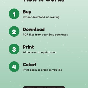 May include: An instructional graphic on a light green background titled How it works. It lists four steps: 1 Buy, 2 Download PDF files, 3 Print at home or a shop, and 4 Color. It includes a Digital file: nothing is shipped notice and footer text.