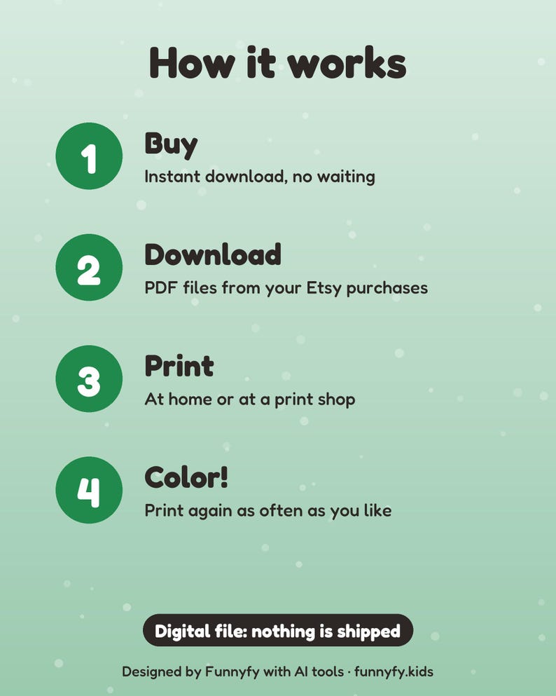 May include: An instructional graphic on a light green background titled How it works. It lists four steps: 1 Buy, 2 Download PDF files, 3 Print at home or a shop, and 4 Color. It includes a Digital file: nothing is shipped notice and footer text.