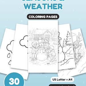 Może przedstawiać: Zestaw 30 kolorowanek zatytułowanych SEASONS & WEATHER. Strony zawierają czarno-białe ilustracje liniowe przedstawiające dzieci budujące bałwana, jeżdżące na sankach oraz symbole pogody. Zawiera formaty US Letter i A4.