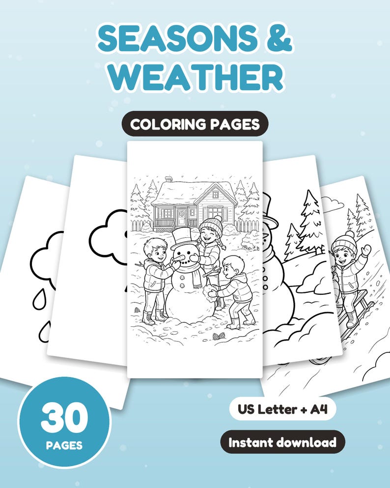 Może przedstawiać: Zestaw 30 kolorowanek zatytułowanych SEASONS & WEATHER. Strony zawierają czarno-białe ilustracje liniowe przedstawiające dzieci budujące bałwana, jeżdżące na sankach oraz symbole pogody. Zawiera formaty US Letter i A4.