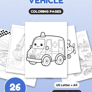 May include: A collection of 26 printable colouring pages titled VEHICLE COLOURING PAGES. The pages feature black and white line art of various vehicles including an ambulance, an excavator, a race car, an aeroplane, and boats.