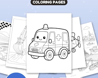 Peut inclure: Un ensemble de 26 pages à colorier imprimables intitulées VEHICLE COLORING PAGES. Les pages présentent des dessins au trait en noir et blanc de divers véhicules, dont une ambulance, une pelleteuse, une voiture de course, un avion et des bateaux.