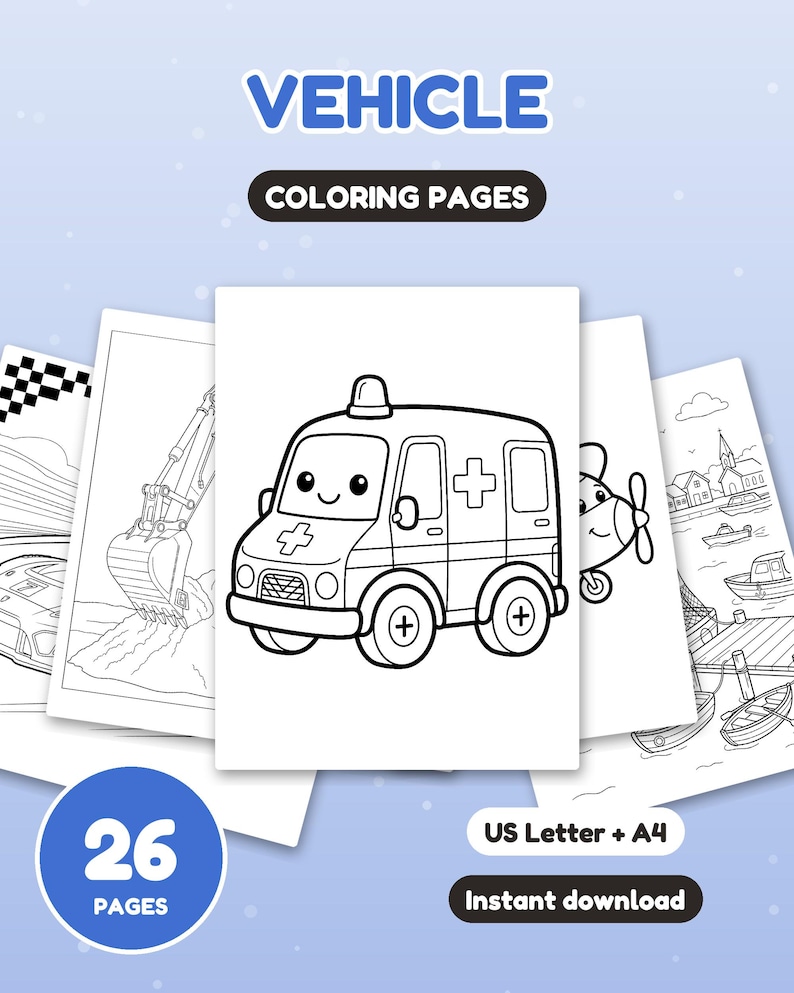 May include: A collection of 26 printable colouring pages titled VEHICLE COLOURING PAGES. The pages feature black and white line art of various vehicles including an ambulance, an excavator, a race car, an aeroplane, and boats.