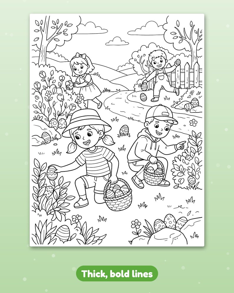 Puede incluir: Una p&aacute;gina para colorear en blanco y negro con cuatro ni&ntilde;os buscando huevos de Pascua en un jard&iacute;n. La escena incluye &aacute;rboles, arbustos, un camino sinuoso y una valla de madera. Los ni&ntilde;os sostienen cestas y recogen huevos.