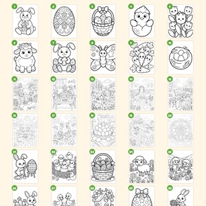 Puede incluir: Una colecci&oacute;n de 30 p&aacute;ginas para colorear en blanco y negro con temas de Pascua que incluyen conejitos, pollitos, huevos, corderos, mariposas y escenas de jard&iacute;n. El texto "Everything you get: 30 pages" y "+ cover &middot; "This book belongs to" page &middot; closing page" es visible.