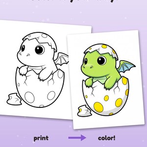 Peut inclure: Une page de coloriage montrant un b&eacute;b&eacute; dragon sortant d'un &oelig;uf tachet&eacute;. Le texte indique Color it your way! en haut et print color! en bas. Une version est en noir et blanc, l'autre est color&eacute;e en vert et jaune avec des d&eacute;tails.