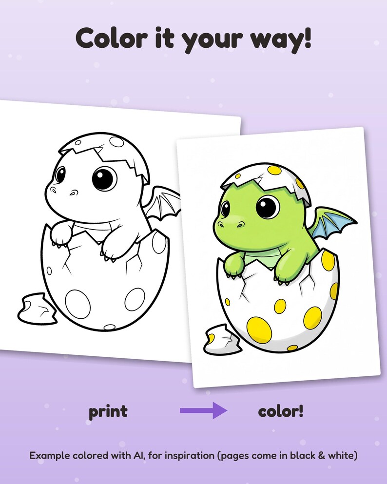 Peut inclure: Une page de coloriage montrant un b&eacute;b&eacute; dragon sortant d'un &oelig;uf tachet&eacute;. Le texte indique Color it your way! en haut et print color! en bas. Une version est en noir et blanc, l'autre est color&eacute;e en vert et jaune avec des d&eacute;tails.