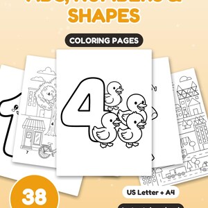 Puede incluir: Una colección de 38 páginas para colorear con ABC, números y formas. Las páginas incluyen dibujos en blanco y negro del número 4 con cuatro patos, escenas de ciudad y edificios. El texto dice ABC, NUMBERS & SHAPES, COLORING PAGES, 38 PAGES, US Letter + A4 e Instant download.