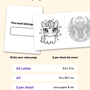 Peut inclure: Pages de coloriage avec une &eacute;tiquette 'This book belongs to', une licorne et un dragon. Inclut des formats US Letter 8,5 x 11 po, A4 21 x 29,7 cm et des mises en page 2 par feuille pour &eacute;conomiser du papier et de l'encre.