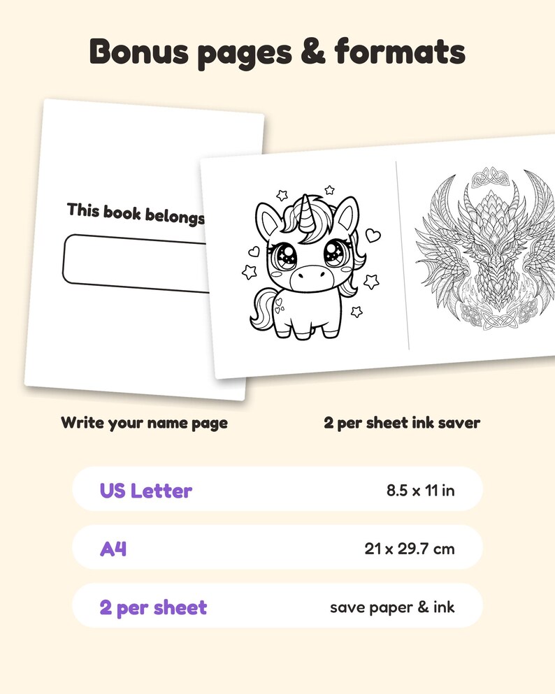 Peut inclure: Pages de coloriage avec une &eacute;tiquette 'This book belongs to', une licorne et un dragon. Inclut des formats US Letter 8,5 x 11 po, A4 21 x 29,7 cm et des mises en page 2 par feuille pour &eacute;conomiser du papier et de l'encre.