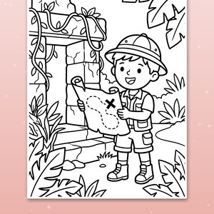 May include: A black and white colouring page featuring a young explorer wearing a pith helmet, vest, and shorts, holding a treasure map with an X mark. The scene includes a stone ruin entrance surrounded by tropical jungle foliage.