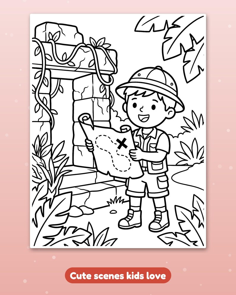 May include: A black and white colouring page featuring a young explorer wearing a pith helmet, vest, and shorts, holding a treasure map with an X mark. The scene includes a stone ruin entrance surrounded by tropical jungle foliage.