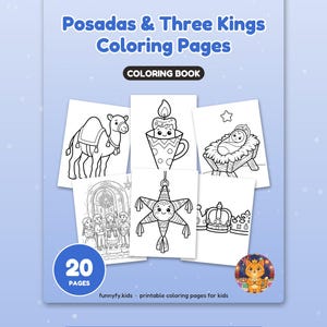 Puede incluir: Un libro para colorear titulado Posadas & Three Kings Coloring Pages con 20 p&aacute;ginas. La portada muestra ilustraciones en blanco y negro de un camello, una vela en una taza, un beb&eacute; en un pesebre, ni&ntilde;os, una pi&ntilde;ata de estrella y coronas.
